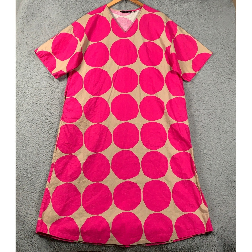 Marimekko Uniqlo Linen Blend V-Neck Dress Women Small Pink Polka Dot Midi A-Line